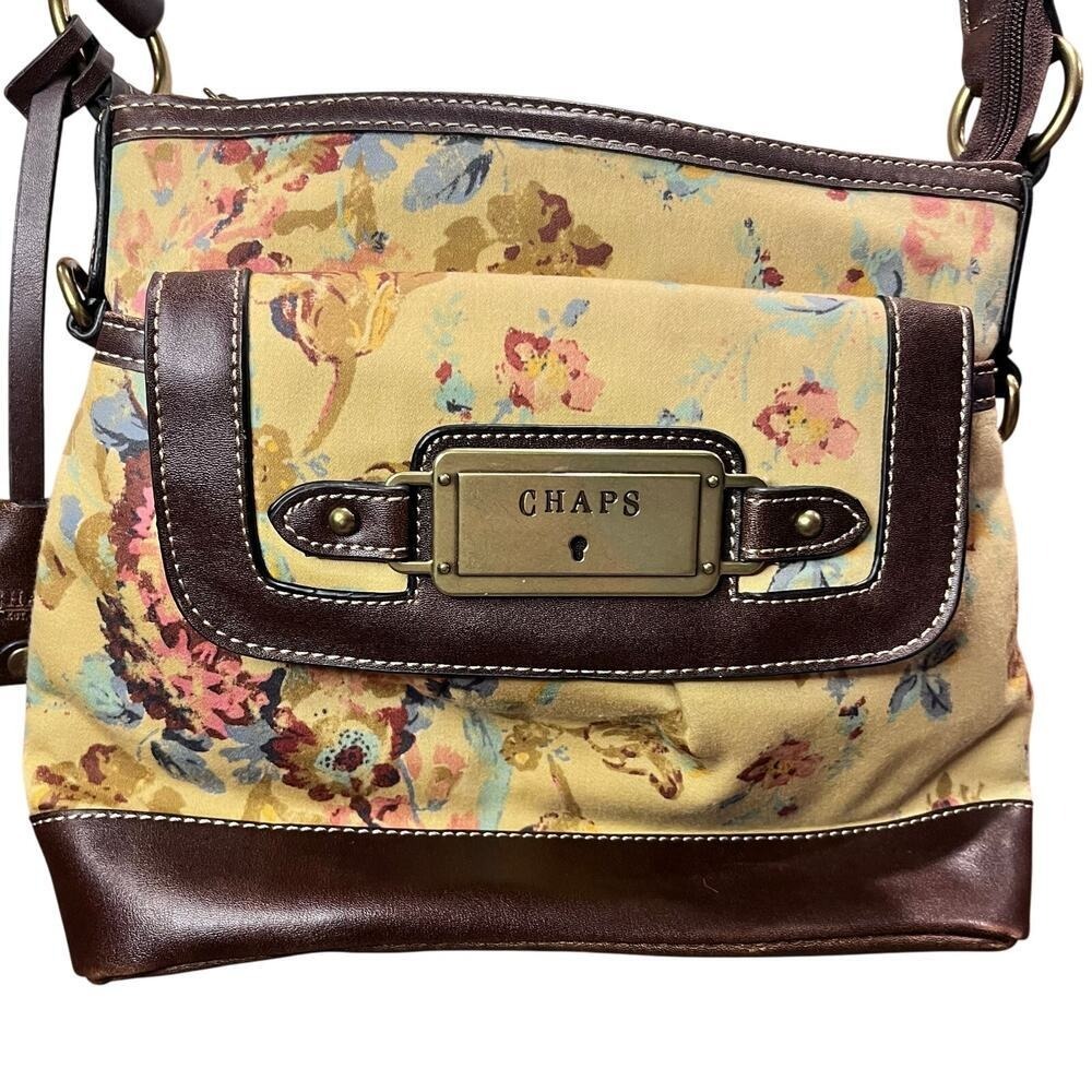 Chaps Floral‎ Canvas Crossbody Bag Yellow Brown Trim Multi Pocket (T)